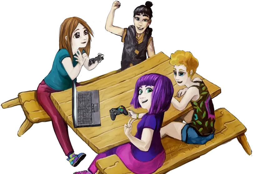 Four cartoon women sit around a park bench with a laptop and game controllers